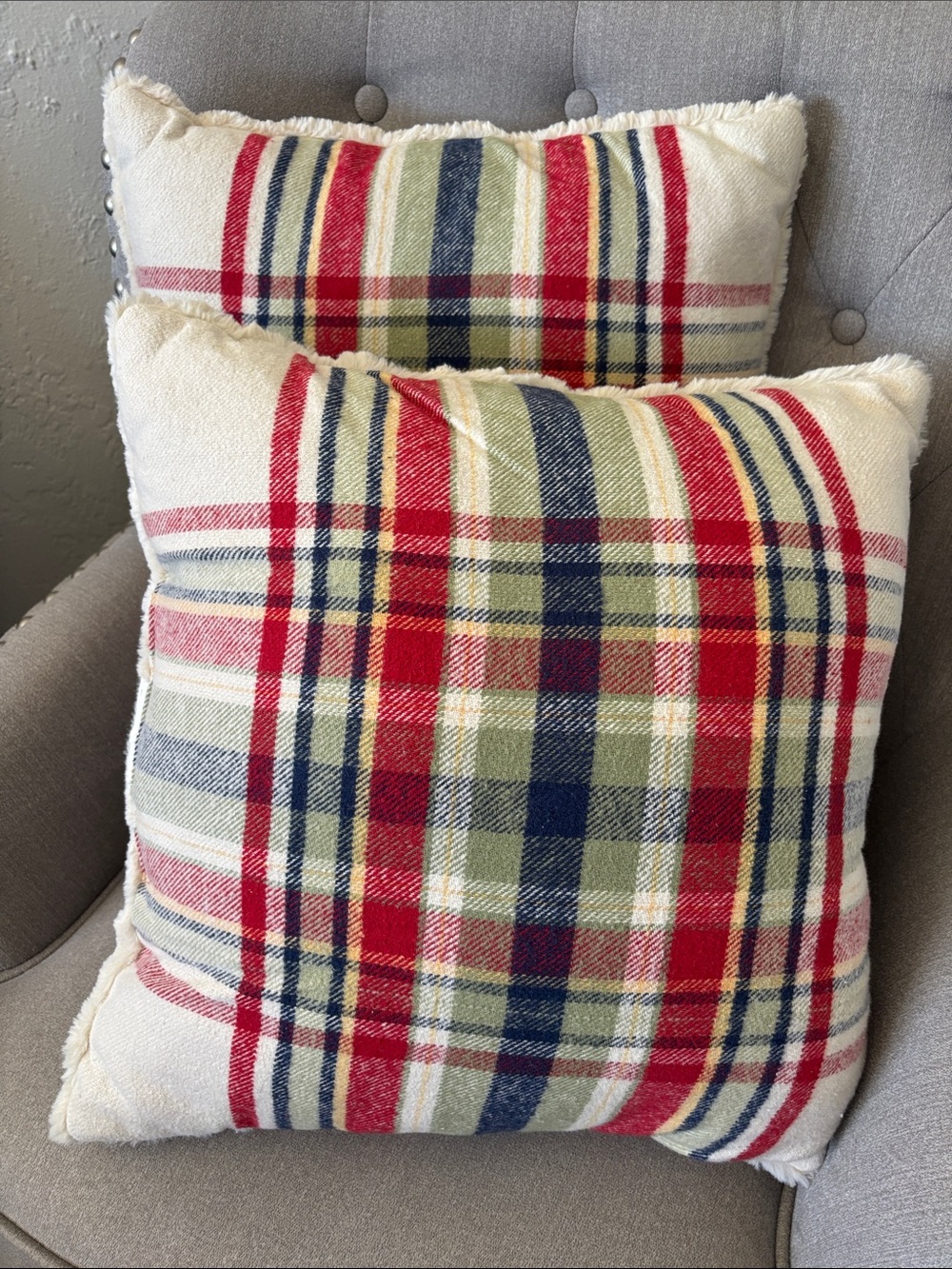 Set of 2 Plaid Holiday 18 x 18 Throw Pillows Cream Red, Navy & Olive